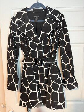 INC International Concepts Black White Belted 3/4 Trench Coat